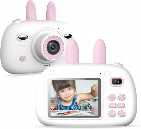 jucarii interactive - Aparat foto digital selfi Iepuras pentru copii, ecran IPS de 2,4 inci 1080P HD 32G TF cadou