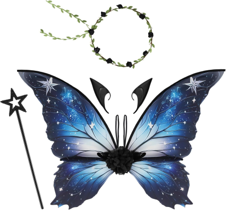 IMBRACAMINTE - Aripi de zana pentru copii cu urechi de elf și baghete magice - Albastre 43x1x82 cm; 70 g