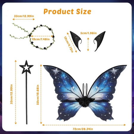 Aripi de zana pentru copii cu urechi de elf și baghete magice - Albastre 43x1x82 cm; 70 g [1]