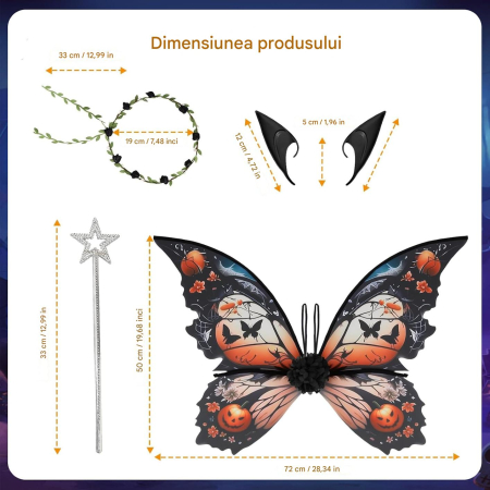 Aripi de zana pentru copii cu urechi de elf și baghete magice - portocali 43x1x82 cm; 70 g [1]