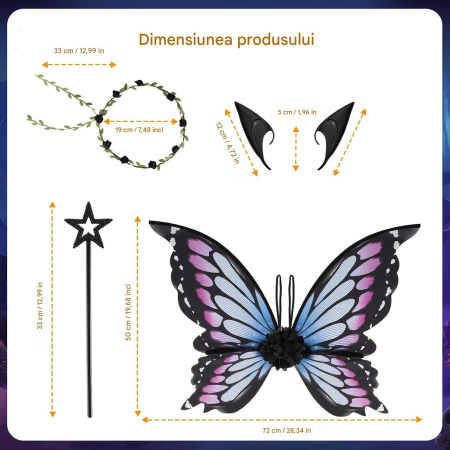 Aripi de zana pentru copii cu urechi de elf și baghete magice - Violet 43x1x82 cm; 70 g [1]