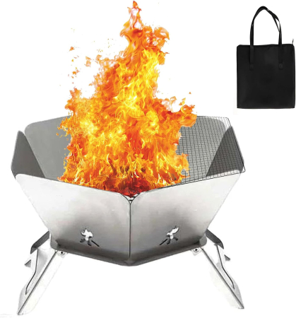 Vaze si boluri decorative - Vatră de Foc Pliabilă Portabilă, Inox, Grătar Inclus, 41 x 45 x 25 cm
