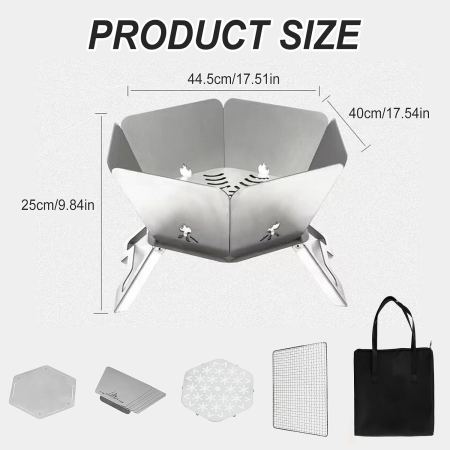 Vatră de Foc Pliabilă Portabilă, Inox, Grătar Inclus, 41 x 45 x 25 cm [1]