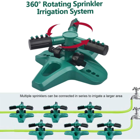Aspersor rotativ pentru gradina cu 3 Brate, 12 Duze Pulverizare, 360 Grade, Accesorii Conectivitare, verde [3]