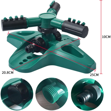 Aspersor rotativ pentru gradina cu 3 Brate, 12 Duze Pulverizare, 360 Grade, Accesorii Conectivitare, verde [1]
