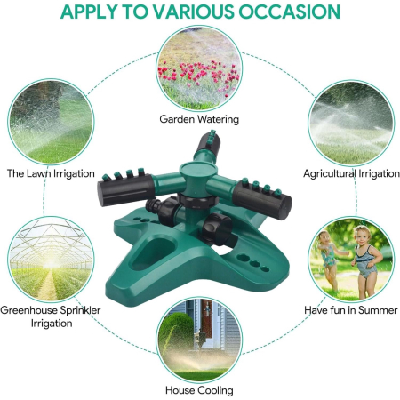 Aspersor rotativ pentru gradina cu 3 Brate, 12 Duze Pulverizare, 360 Grade, Accesorii Conectivitare, verde [5]