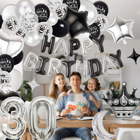 Set baloane pentru evenimente aniversare 30 ani, alb/gri/negru 98 piese [4]