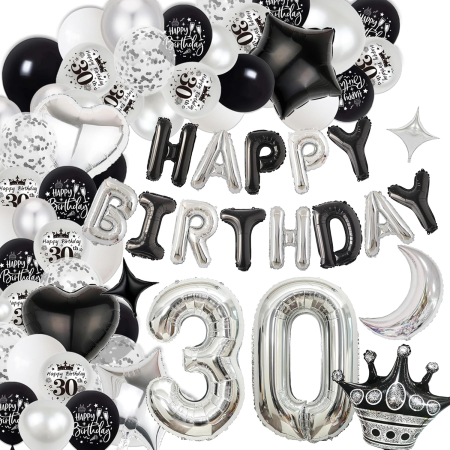 Baloane - Set baloane pentru evenimente aniversare 30 ani, alb/gri/negru 98 piese