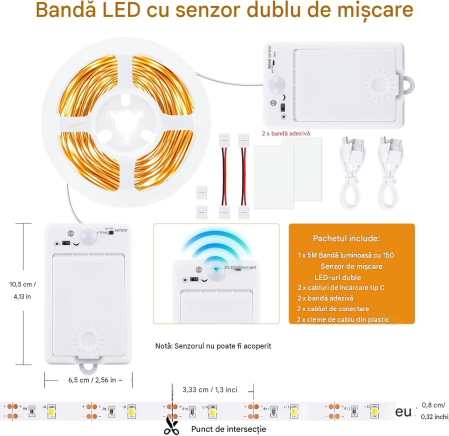 Bandă LED cu senzor de mișcare 5m 150 LED control dublu reîncărcabil – Alb rece [4]