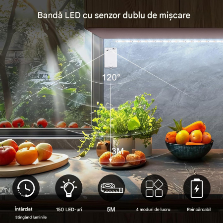 Bandă LED cu senzor de mișcare 5m 150 LED control dublu reîncărcabil – Alb rece [5]