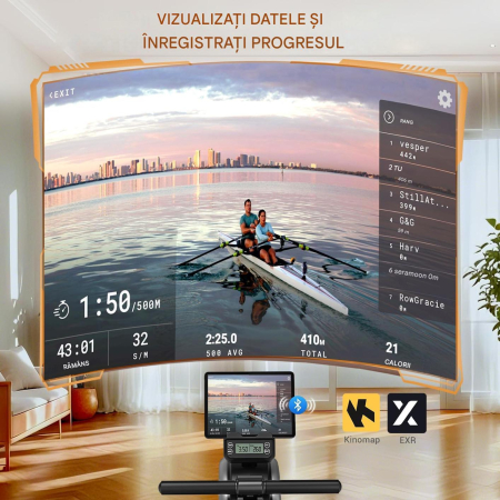 Aparat de vâslit cu rezistență magnetică, șine duble de glisare îmbunătățite, conexiune la aplicație, 16 niveluri de rezistență, afișaj LCD, max. 160kg [3]