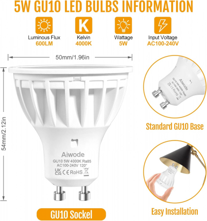 Becuri GU10 LED alb neutru, 5W 4000K 600LM,  RA85 600lm 120 unghi fascicul, set 6 buc. [1]
