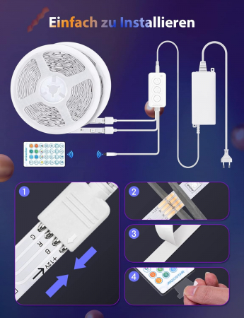 Benzi LED 15m 3x5m WiFi Smart LED Lumini RGBW Lumină caldă, control cu ​​aplicație și telecomandă IR, bandă LED inteligentă compatibilă cu Alexa, Google Assistant [5]