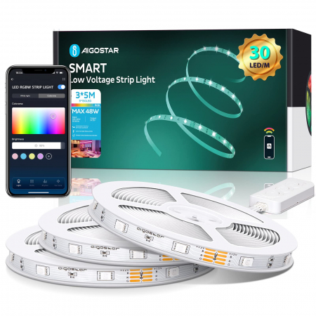 instalatii lumini - Benzi LED 15m 3x5m WiFi Smart LED Lumini RGBW Lumină caldă, control cu ​​aplicație și telecomandă IR, bandă LED inteligentă compatibilă cu Alexa, Google Assistant