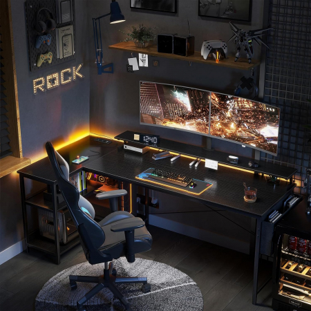 Birou de colt metal si ODK cu prize si porturi USB, negru 168x80 cm [1]