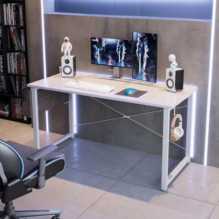 Birou alb de jocuri metal si MDF cu suport pentru căști și sac de depozitare 120x48x73.5 cm [1]