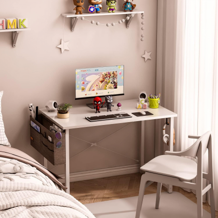 Birou de jocuri metal si MDF cu geanta depozitare si carlig, 80×40×73,5cm Alb [4]