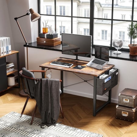 Birou de jocuri metal si MDF cu geanta depozitare si carlig, 80x40x73.5cm negru/maro [2]