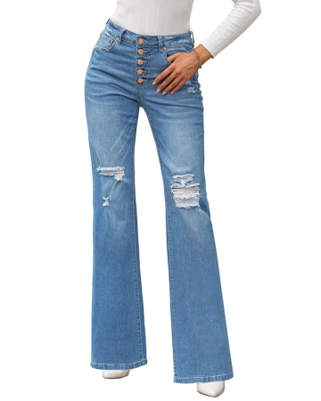 Pantaloni dama - Blugi albastri pentru femei, talie inalta, mulati pe coapse, evazati jos  XL