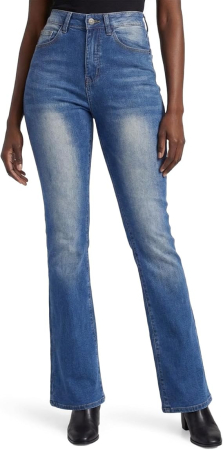 PANTALONI - Blugi albastri drepti pentru femei, 4 buzunare, decolorati pe mijloc, L