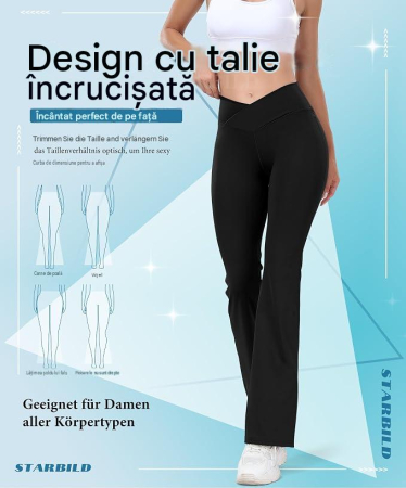 Colanți negri Evazați Damă cu Talie V-Cross, 4-Way Stretch, Opaci, Yoga și Fitness, XL [2]
