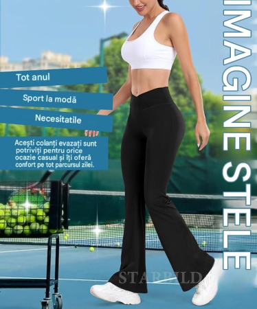 Colanți negri Evazați Damă cu Talie V-Cross, 4-Way Stretch, Opaci, Yoga și Fitness, L [4]