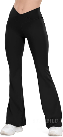 PANTALONI - Colanți negri Evazați Damă cu Talie V-Cross, 4-Way Stretch, Opaci, Yoga și Fitness, L