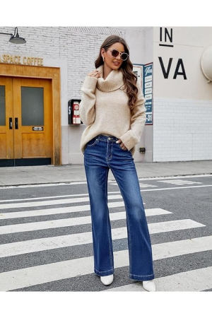 Blugi albastru inchis drepti pentru femei, cu buzunare, evazati jos M [2]