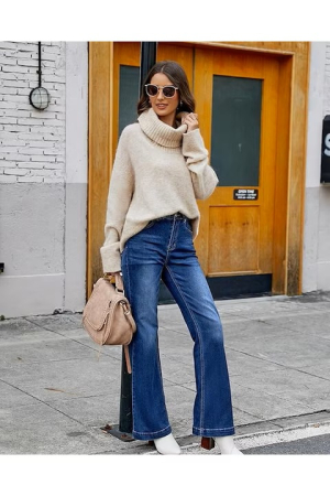 Blugi albastru inchis drepti pentru femei, cu buzunare, evazati jos M [3]