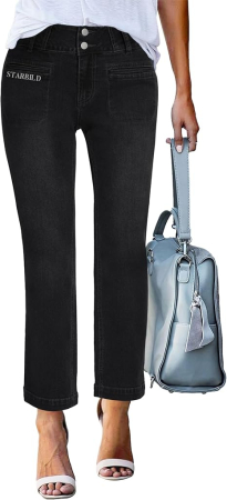 PANTALONI BARBATI - Blugi negri elastici, drepti pentru femei, 4 buzunare, L