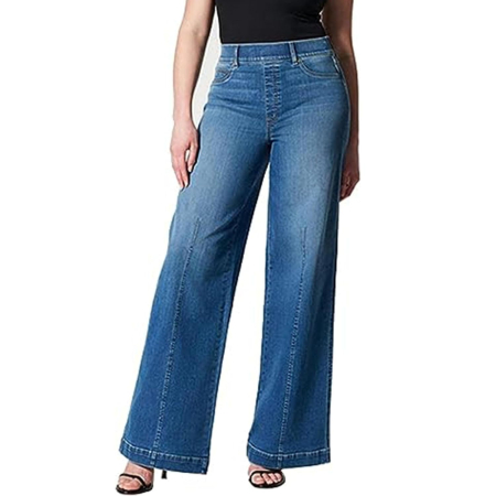 Blugi albastri drepti pentru femei, cu buzunare, mulati pe coapse, evazati jos  XS [6]