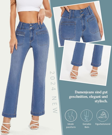 Blugi albastri elastici, drepti pentru femei, 4 buzunare, XL [3]