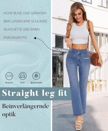Blugi albastri elastici, drepti pentru femei, 4 buzunare, XL [4]