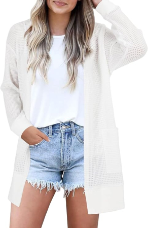 Bluze dama - Bluza alba lejera cu maneci lungi, cardigan tricotat pentru femei, M