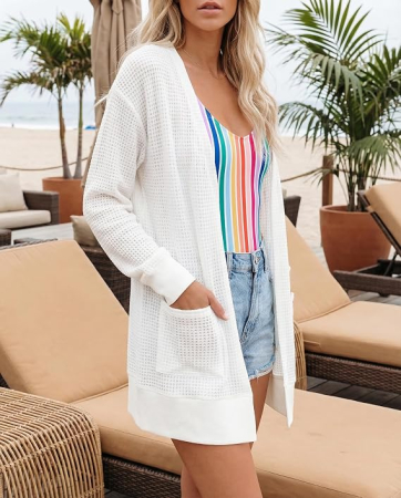 Bluza alba lejera cu maneci lungi, cardigan tricotat pentru femei, S [2]
