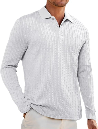 Bluze barbati - Bluză alb Polo Bărbați Elegancity, Mâneci Lungi, guler inalt, nasturi, M