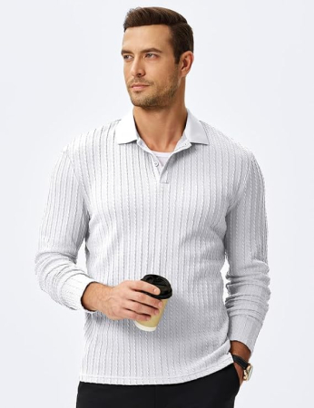 Bluză alb Polo Bărbați Elegancity, Mâneci Lungi, guler inalt, nasturi, M [1]