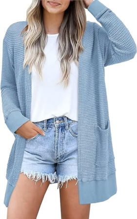 Bluze dama - Bluza albastra lejera cu maneci lungi, cardigan tricotat pentru femei, S