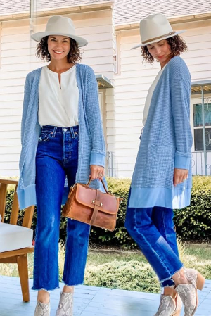 Bluza albastra lejera cu maneci lungi, cardigan tricotat pentru femei, S [4]