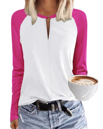 Bluze dama - Bluza alba cu roz, lejera pentru femei, cu maneci lungi, M