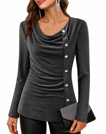 Bluze dama - Bluza gri eleganta, larga, cu maneci lungi, cu nasturi decorativi L