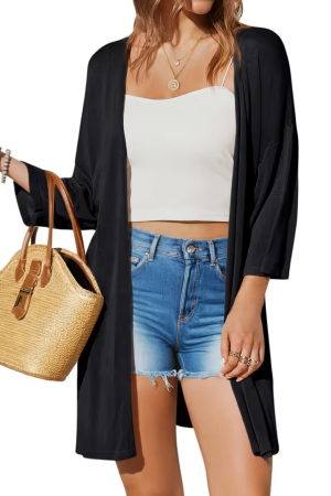 Bluze dama - Cardigan negru de Damă Arach&Cloz, Mâneci 3/4, Croi Lejer, Deschis în Față, Ușor și Respirabil, M