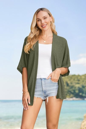 Cardigan verde Damă STYLEWORD, Lejer, Mâneci 3/4, Stil Kimono, Fără Închidere, M [1]
