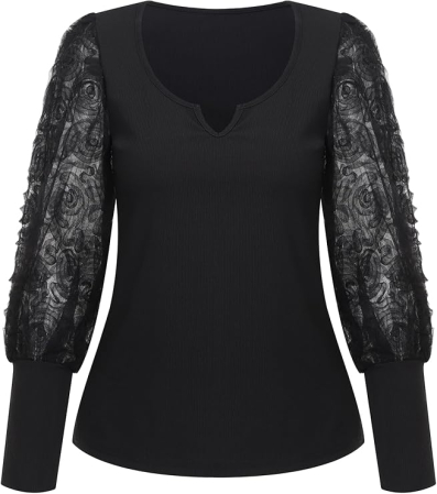Bluza neagra lejera cu maneci lungi dantelate, 3XL [5]