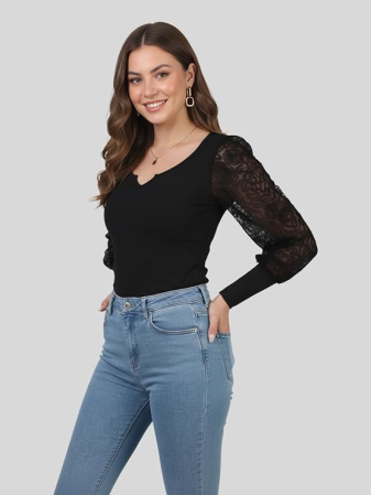 Bluza neagra lejera cu maneci lungi dantelate, 3XL [1]