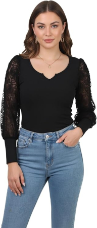 Bluze dama - Bluza neagra lejera cu maneci lungi dantelate, 3XL