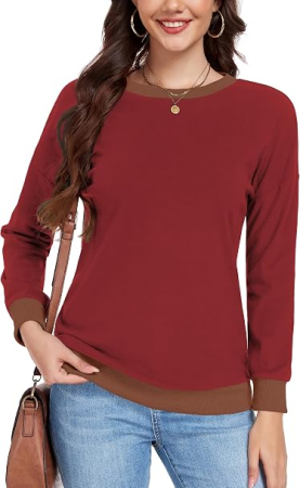Bluze dama - Bluza rosie, lejera pentru femei, cu maneci lungi, guler rotund, L