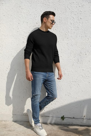 Bluza neagra casual respirabila pentru barbati, pulover tricotat, L [1]
