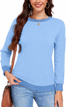 Bluze dama - Bluza albastru deschis, lejera pentru femei, cu maneci lungi, guler rotund, L