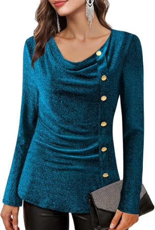 Bluze dama - Bluza albastra eleganta, larga, cu maneci lungi, cu nasturi decorativi 2XL